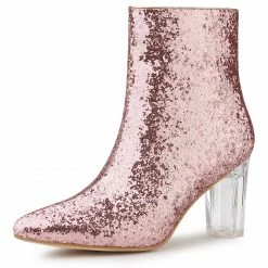 Allegra K Women's Clear Block Heel Glitter Ankle Boots Shoes
