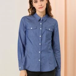 Allegra K Women's Point Collar Chest Pockets Button Down Dots Shirt