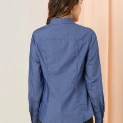 Allegra K Women's Point Collar Chest Pockets Button Down Dots Shirt