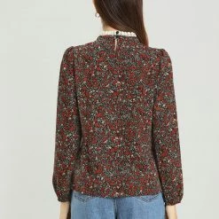 Allegra K Women's Vintage Lace Trim Stand Collar Long Sleeve Floral Valentine's Day Top