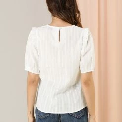 Allegra K Women's Cotton Frilled Blouses Solid Round Neck Short Sleeve Shirt Top