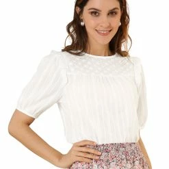 Allegra K Women's Cotton Frilled Blouses Solid Round Neck Short Sleeve Shirt Top