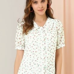 Allegra K Women's Floral Button Down Collar Semi Sheer Sweet Puff Sleeve Blouse Shirt