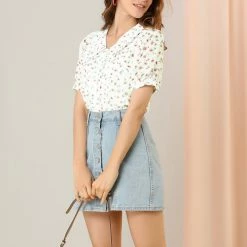 Allegra K Women's Floral Button Down Collar Semi Sheer Sweet Puff Sleeve Blouse Shirt