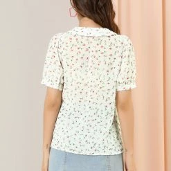 Allegra K Women's Floral Button Down Collar Semi Sheer Sweet Puff Sleeve Blouse Shirt