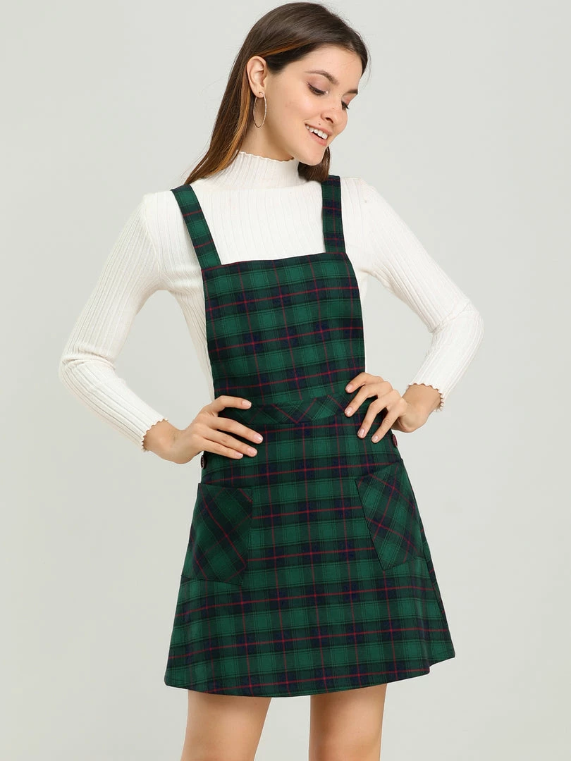 Allegra K Women's Plaid Tartan Button Decor A-Line Pinafore Overall Dress 17 Allegra K Women's Plaid Tartan Button Decor A-Line Pinafore Overall Dress