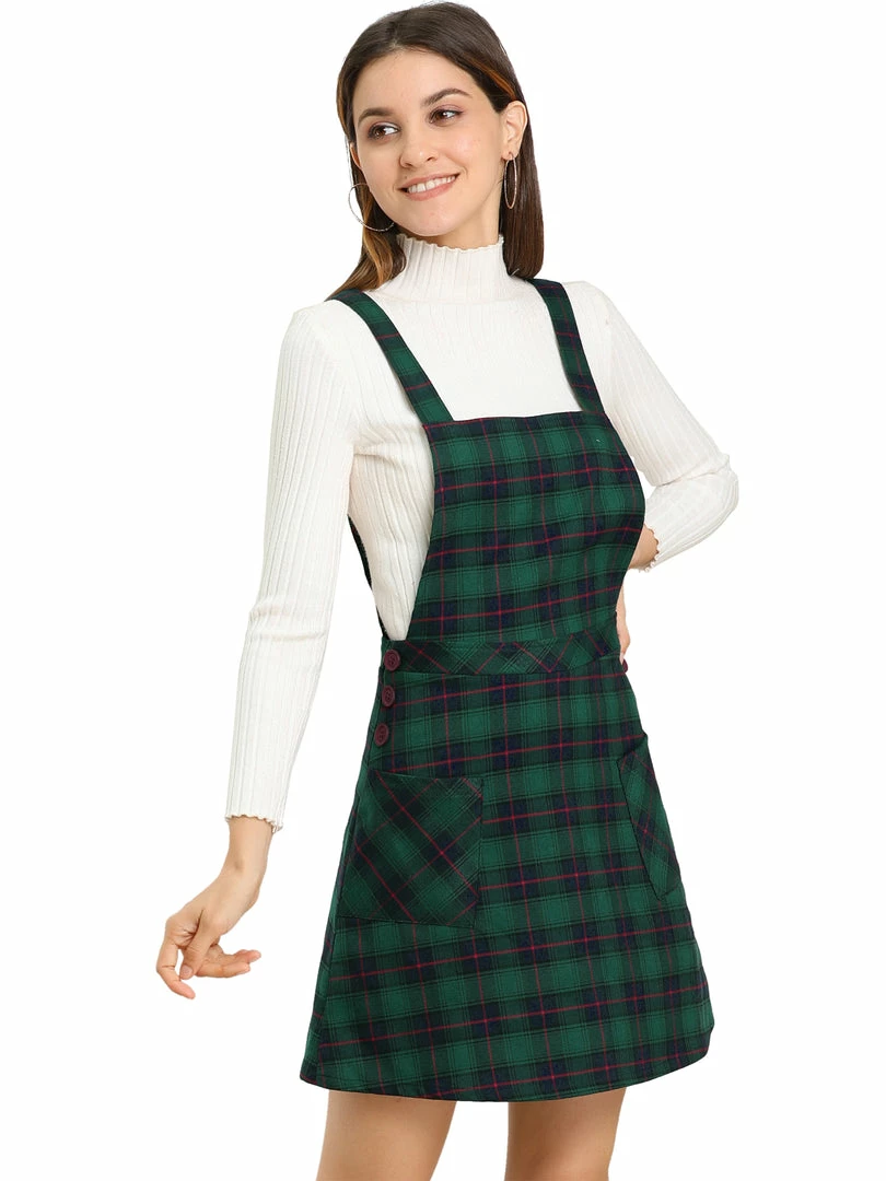 Allegra K Women's Plaid Tartan Button Decor A-Line Pinafore Overall Dress 16 Allegra K Women's Plaid Tartan Button Decor A-Line Pinafore Overall Dress