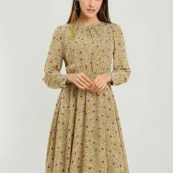 Allegra K Women's Puff Sleeve Dress Fit And Flare Round Neck Floral Dresses