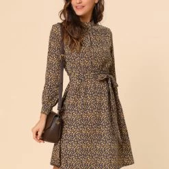 Allegra K Floral Long Sleeve Mock Neck Tie Waist Dress