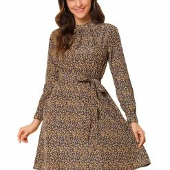 Allegra K Floral Long Sleeve Mock Neck Tie Waist Dress