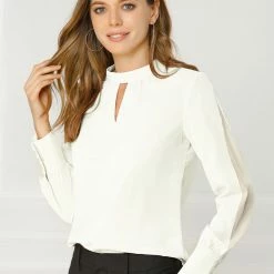 Allegra K Women's Work Office Shirt Keyhole Collar Long Sleeve Fall Chiffon Blouse