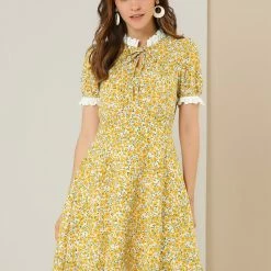 Allegra K Women's Floral Ruffled Collar Casual Short Sleeve Dress