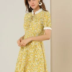 Allegra K Women's Floral Ruffled Collar Casual Short Sleeve Dress