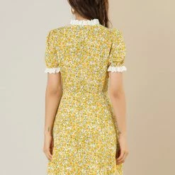 Allegra K Women's Floral Ruffled Collar Casual Short Sleeve Dress