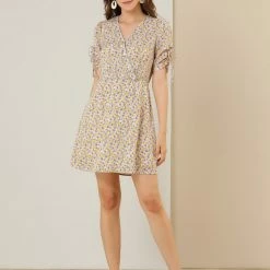 Allegra K Women's Floral Puff Sleeves V Neck Ruched Cuffs Wrap Dress