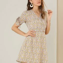 Allegra K Women's Floral Puff Sleeves V Neck Ruched Cuffs Wrap Dress