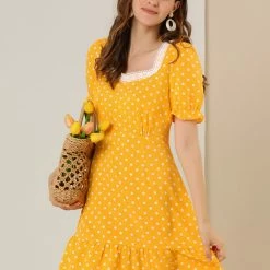 Allegra K Women's Dots Print Square Neck Ruffle Hem Short Sleeve Above Knee Casual Dress