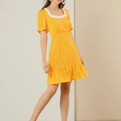 Allegra K Women's Dots Print Square Neck Ruffle Hem Short Sleeve Above Knee Casual Dress 29 Allegra K Women's Dots Print Square Neck Ruffle Hem Short Sleeve Above Knee Casual Dress