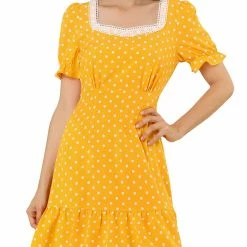 Allegra K Women's Dots Print Square Neck Ruffle Hem Short Sleeve Above Knee Casual Dress