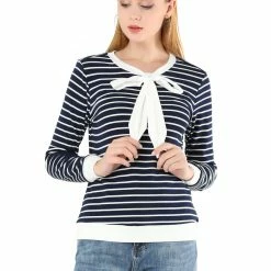 Allegra K Women's Work Contrast Stripe Knitted Top Crew Neck Bow Tie Blouse 27 Allegra K Women's Work Contrast Stripe Knitted Top Crew Neck Bow Tie Blouse