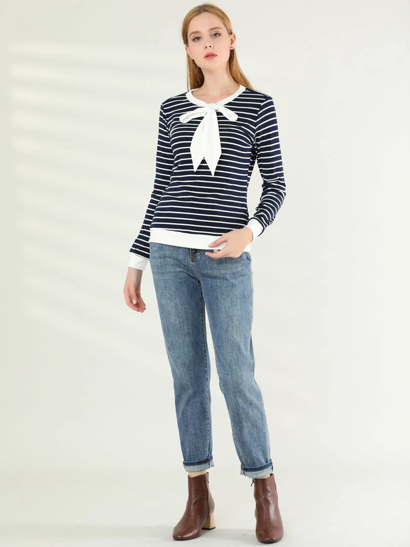 Allegra K Women's Work Contrast Stripe Knitted Top Crew Neck Bow Tie Blouse 11 Allegra K Women's Work Contrast Stripe Knitted Top Crew Neck Bow Tie Blouse