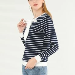 Allegra K Women's Work Contrast Stripe Knitted Top Crew Neck Bow Tie Blouse 29 Allegra K Women's Work Contrast Stripe Knitted Top Crew Neck Bow Tie Blouse