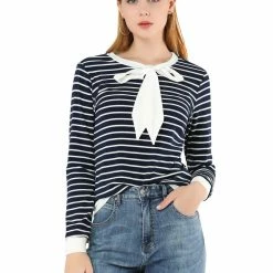 Allegra K Women's Work Contrast Stripe Knitted Top Crew Neck Bow Tie Blouse 26 Allegra K Women's Work Contrast Stripe Knitted Top Crew Neck Bow Tie Blouse
