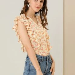 Allegra K Women's Floral Flare Cap Sleeve Blouse Ruffle V Neck Blouses Summer Tops Shirt