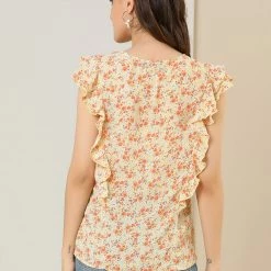 Allegra K Women's Floral Flare Cap Sleeve Blouse Ruffle V Neck Blouses Summer Tops Shirt