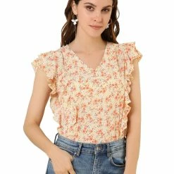 Allegra K Women's Floral Flare Cap Sleeve Blouse Ruffle V Neck Blouses Summer Tops Shirt