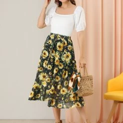 Allegra K Women's Floral Sunflower Midi Tiered A-line Flowy Skirt