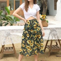 Allegra K Women's Floral Sunflower Midi Tiered A-line Flowy Skirt