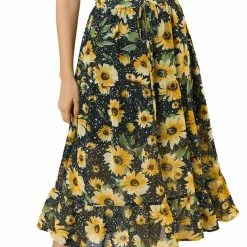 Allegra K Women's Floral Sunflower Midi Tiered A-line Flowy Skirt