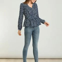 Allegra K Women's Elegant Dots V Neck Long Sleeve Top Button Peplum Blouse