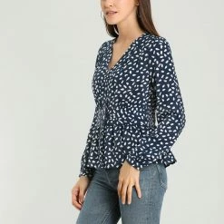 Allegra K Women's Elegant Dots V Neck Long Sleeve Top Button Peplum Blouse