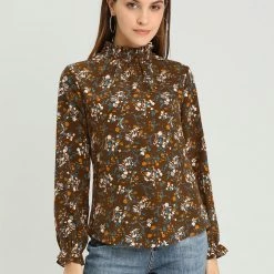 Allegra K Women's Smocked Ruffled Neck Long Sleeve Floral Vintage Blouse