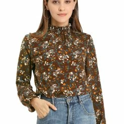 Allegra K Women's Smocked Ruffled Neck Long Sleeve Floral Vintage Blouse