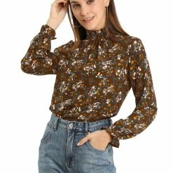 Allegra K Women's Smocked Ruffled Neck Long Sleeve Floral Vintage Blouse