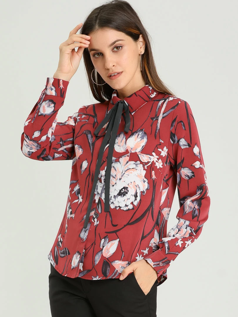 Allegra K Women's Floral Button Down Long Sleeves Tie Neck Work Office Shirt Blouse 10 Allegra K Women's Floral Button Down Long Sleeves Tie Neck Work Office Shirt Blouse