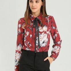 Allegra K Women's Floral Button Down Long Sleeves Tie Neck Work Office Shirt Blouse 28 Allegra K Women's Floral Button Down Long Sleeves Tie Neck Work Office Shirt Blouse