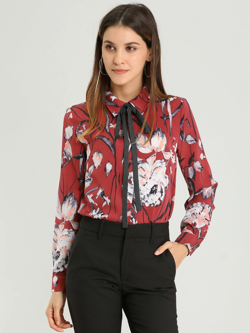 Allegra K Women's Floral Button Down Long Sleeves Tie Neck Work Office Shirt Blouse 11 Allegra K Women's Floral Button Down Long Sleeves Tie Neck Work Office Shirt Blouse