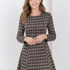 Allegra K Women's Vintage Plaid Long Sleeve Zip Up Fit And Flare Mini Dress