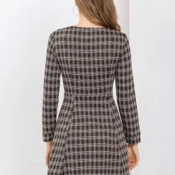 Allegra K Women's Vintage Plaid Long Sleeve Zip Up Fit And Flare Mini Dress