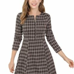 Allegra K Women's Vintage Plaid Long Sleeve Zip Up Fit And Flare Mini Dress