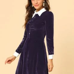 Allegra K Women's Contrast Color Half Placket Long Sleeve Fit And Flare Dress