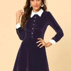 Allegra K Women's Contrast Color Half Placket Long Sleeve Fit And Flare Dress