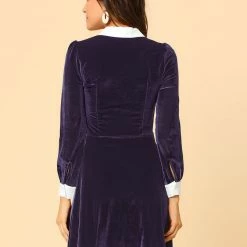 Allegra K Women's Contrast Color Half Placket Long Sleeve Fit And Flare Dress