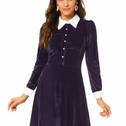Allegra K Women's Contrast Color Half Placket Long Sleeve Fit And Flare Dress