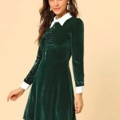 Allegra K Women's Contrast Color Half Placket Long Sleeve Fit And Flare Dress