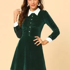 Allegra K Women's Contrast Color Half Placket Long Sleeve Fit And Flare Dress